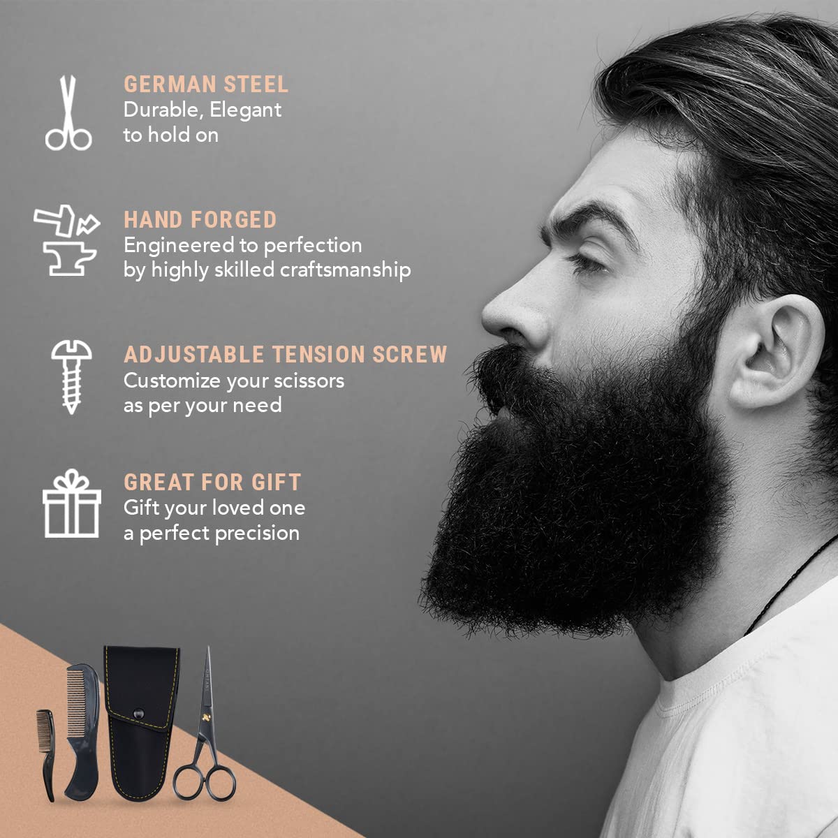 Ontaki 5 Professional German Beard & Mustache Scissors with 2 Comb & Carrying Pouch for Men - Bevel Edge for Precision - Facial