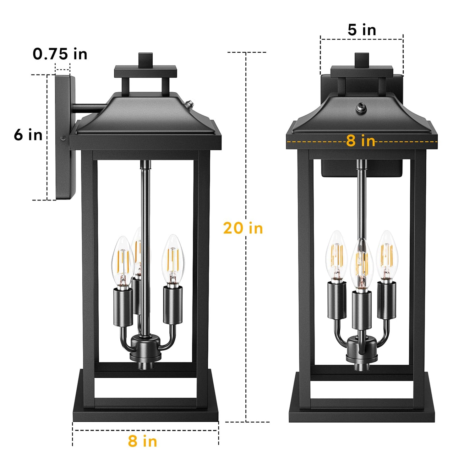 Venzblomia 20 Large Dusk To Dawn Outdoor Lights 3-Light  2 Pack Black Modern Exterior Lighting Fixtures Photocell Sensor Outside Porch Lights Wall Mount  Waterproof Patio Exterior Sconce Lamps E12