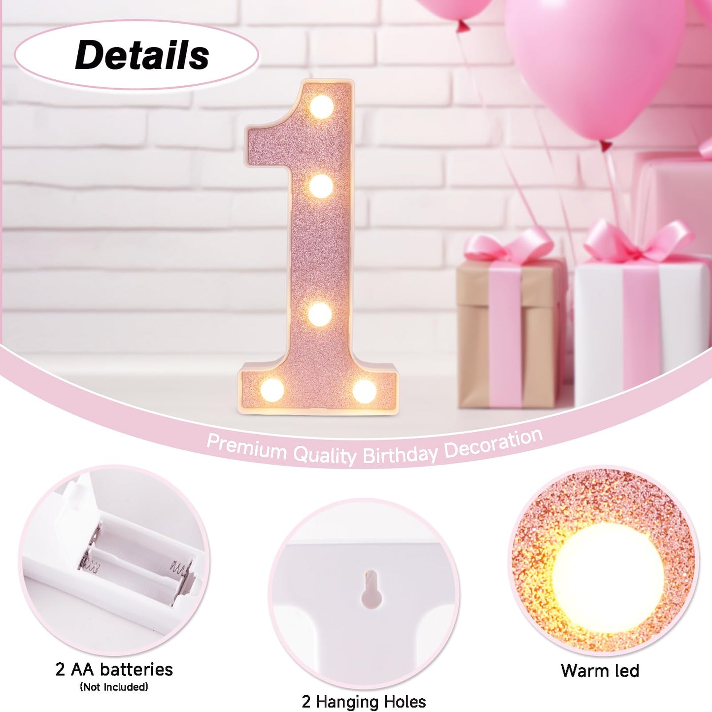 DyingSwan LED Marquee Number 1, 8.58 Inch Battery Powered Light Up Decor, Pink Glitter, Plastic Material