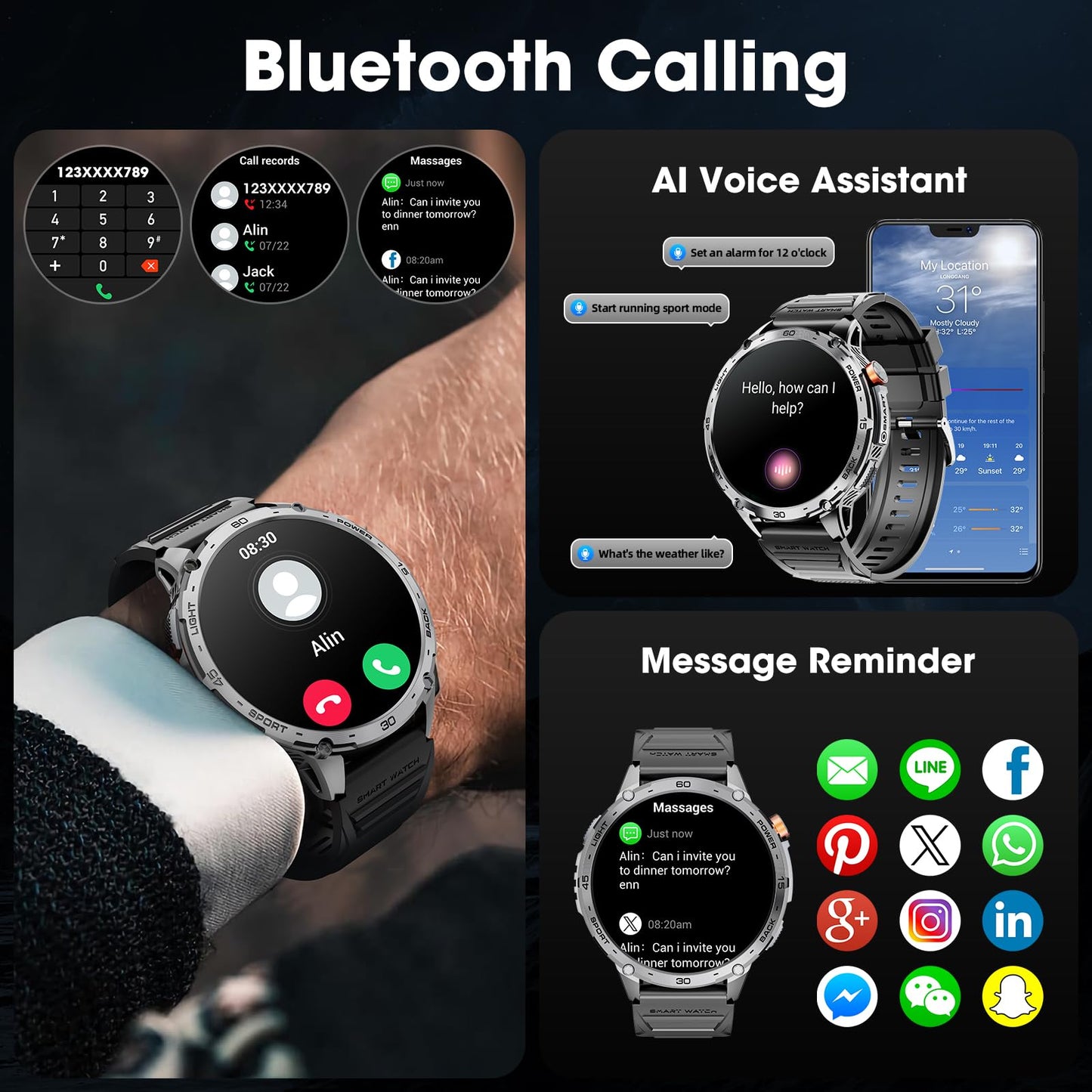 Military Smart Watch for Men 1.75" HD AMOLED Display 730mAh Battery Smart Watches with LED Flashlight for Android iOS（Bluetooth Call Answer/Dial Calls） Fitness Tracker with Heart Rate