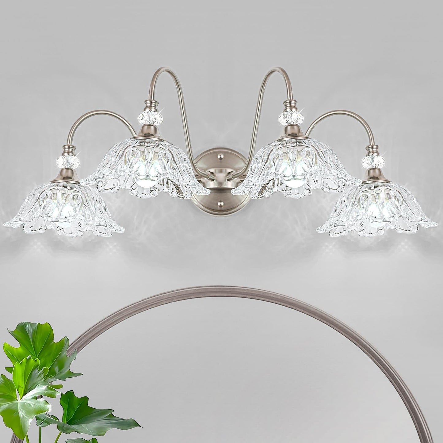 Brushed Nickel Bathroom Vanity Light  4-Light Vanity Light With Floral Clear Glass Shades  Brushed Nickel Wall Mount Lighting For Bathroom  Dressing Table