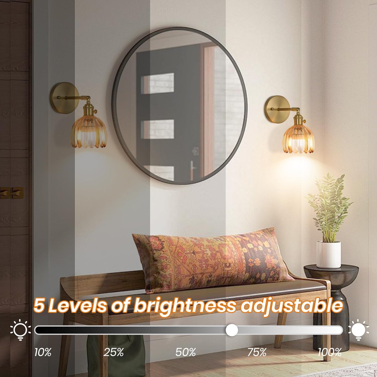 EIDEARAY Vintage Wall Sconce Set of Two, Battery Operated, Amber Tulip Glass, Rechargeable with Remote Control, Model YLC-BRO3TB