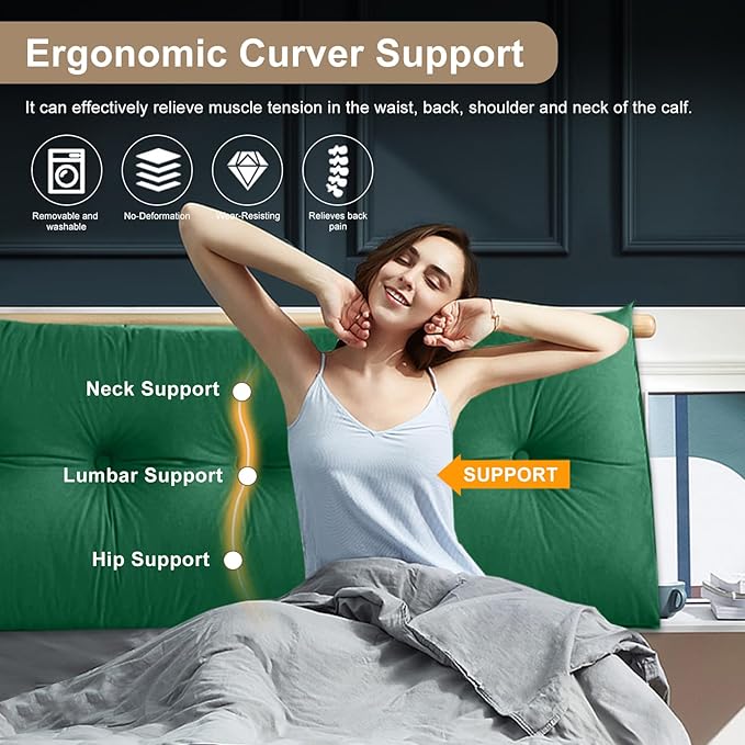 Large Triangular Headboard Pillows Long Backrest Positioning Support Bolster Cushion for Daybed Fluffy Quality Plush Body Wedge Pillow with Removable Cover(Dark green-Queen-59x8x20in)