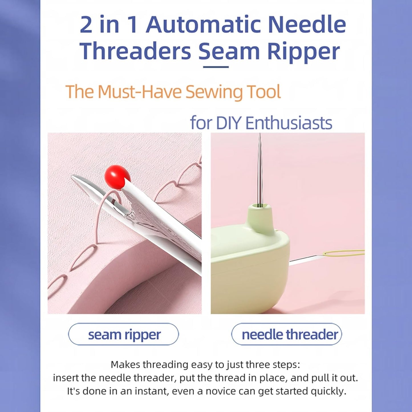 Upgraded 2 in 1 Automatic Needle Threaders Seam Ripper,Quilting Supplies Sewing Kit,Quick Sewing Machine Loop Needle Threaders (3PCS-Purple/Green/Yellow)