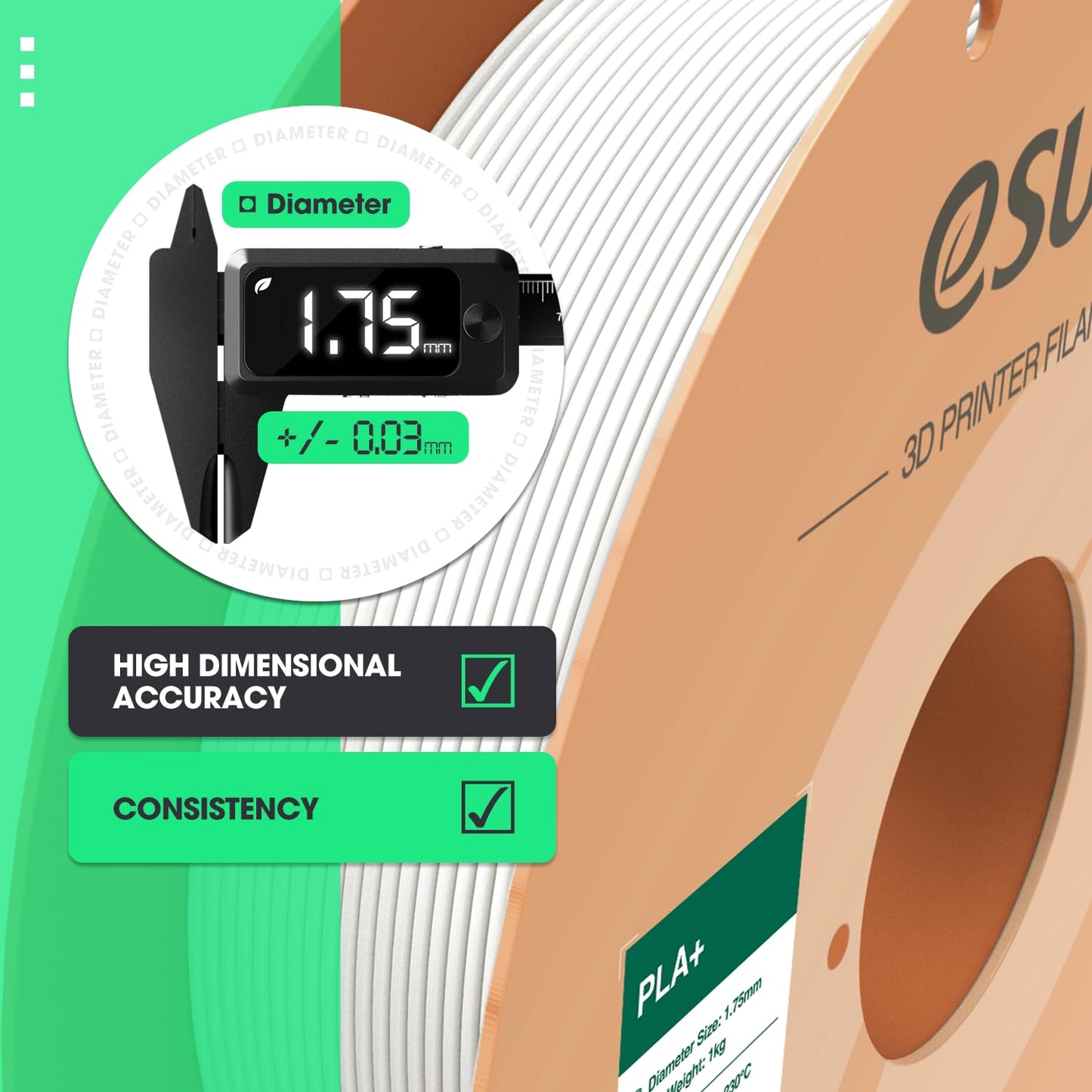 eSUN PLA+ Filament 1.75mm 1KG, 3D Printer Filament Dimensional Accuracy +/- 0.03mm, 1kg Cardboard Spool(2.2lbs) 3D Printing Filament, Fits for Most FDM 3D Printers,Olive Green