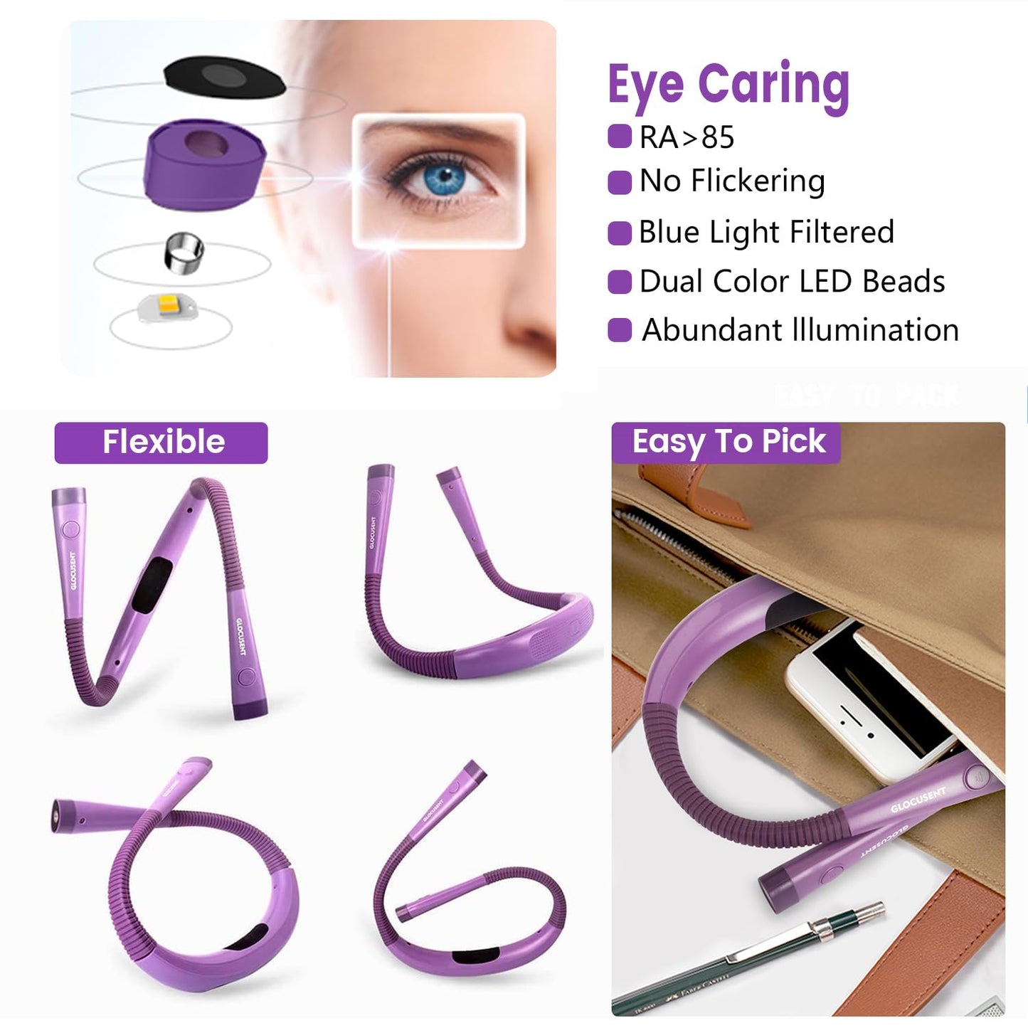 Glocusent LED Neck Reading Light, 3 Colors, 6 Brightness Levels, Rechargeable, Lilac Purple, Model GLCSNTBL011