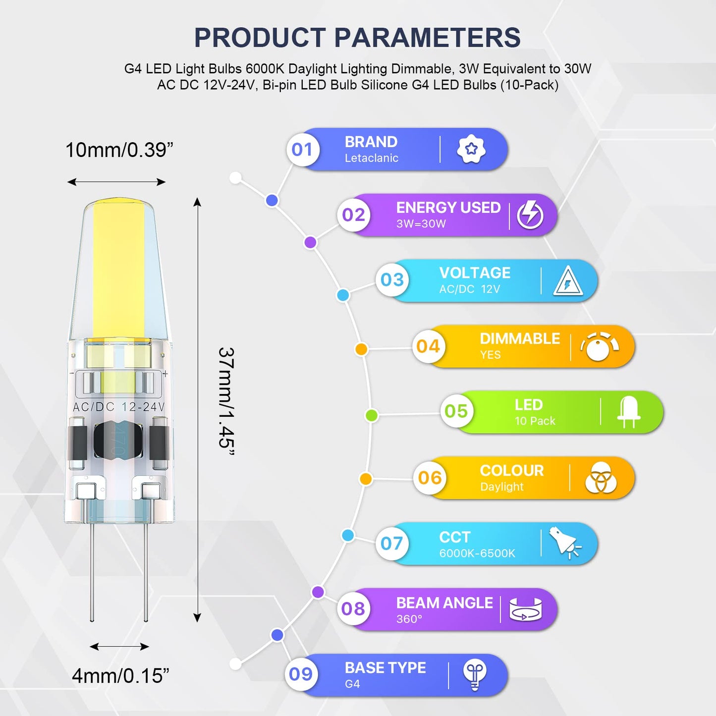 Letaclanic G4 LED Light Bulbs 6000K Day Light Dimmable 10-Pack, 3W Equivalent to 30W AC DC 12V-24V