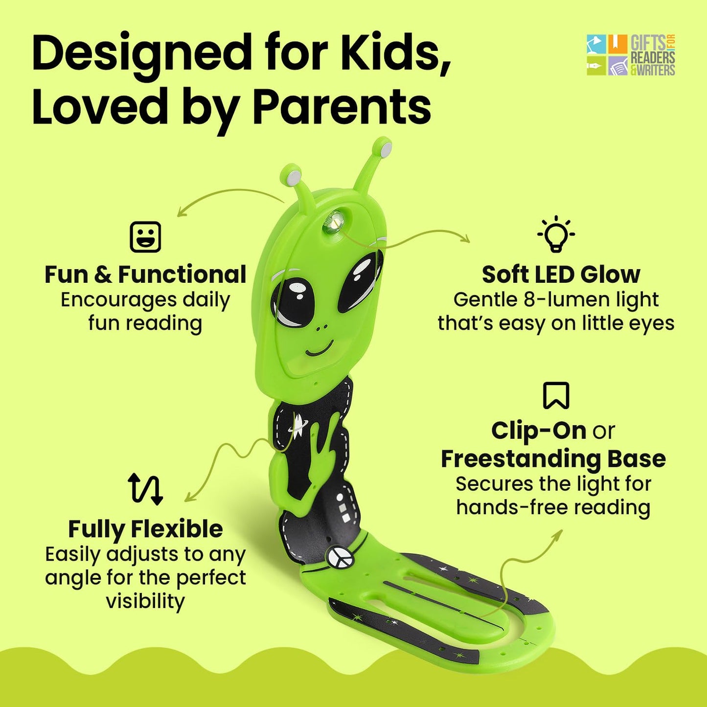 Gifts For Readers & Writers Flexilight Pal 2-In-1 Led Reading Light, Portable Bookmark & Clip-On Lamp, Battery Operated, Alien Green