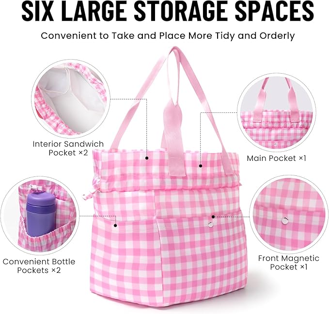 MEXS Lunch Bag for Women Reusable Drawstring Insulated Lunch Box Plaid Stain-Resistant Large Cinch Closure Lunch Bags for Picnic