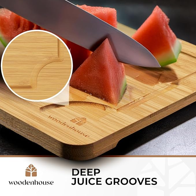 Bamboo Cutting Board Set of 3 with Holder – Durable Wooden Boards for Kitchen, Chopping & Serving – Eco-Friendly by Woodenhouse