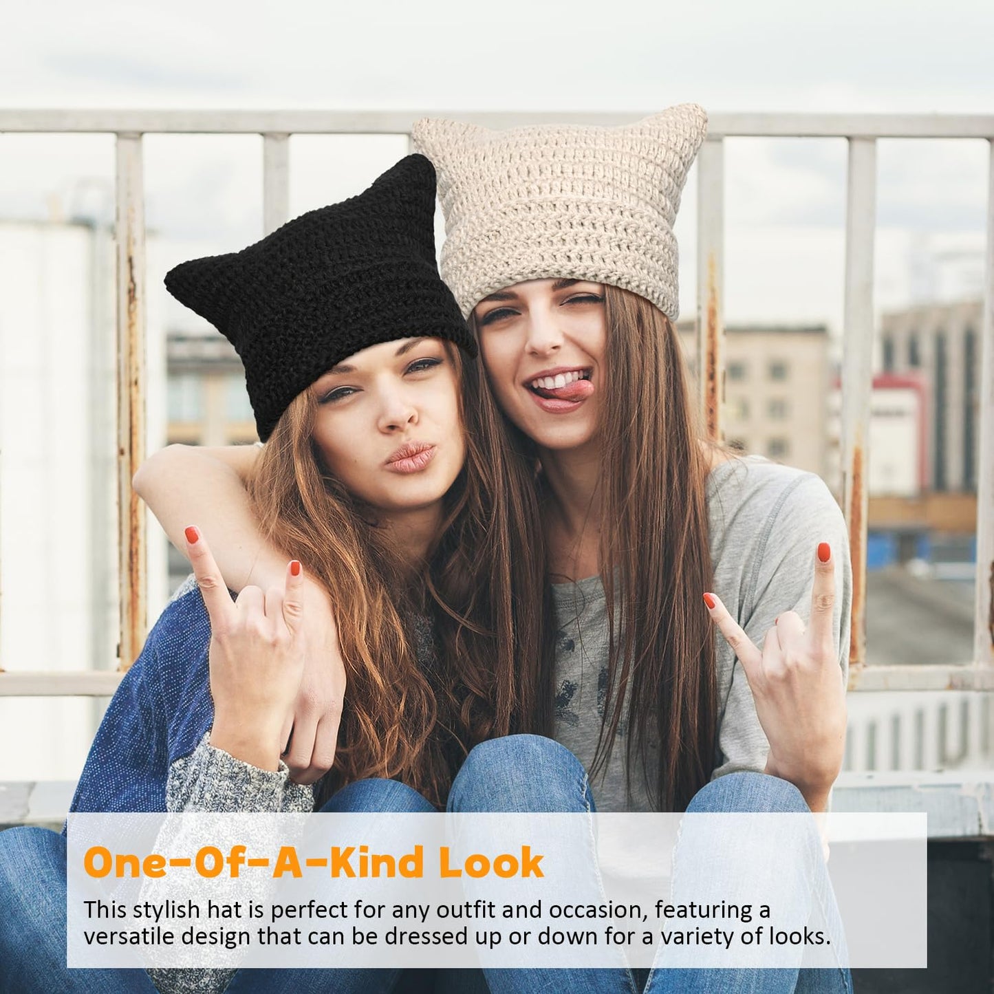 DANMY Women's Winter Beanie, Soft Knit Lazy Cat Ear Beanie, Black