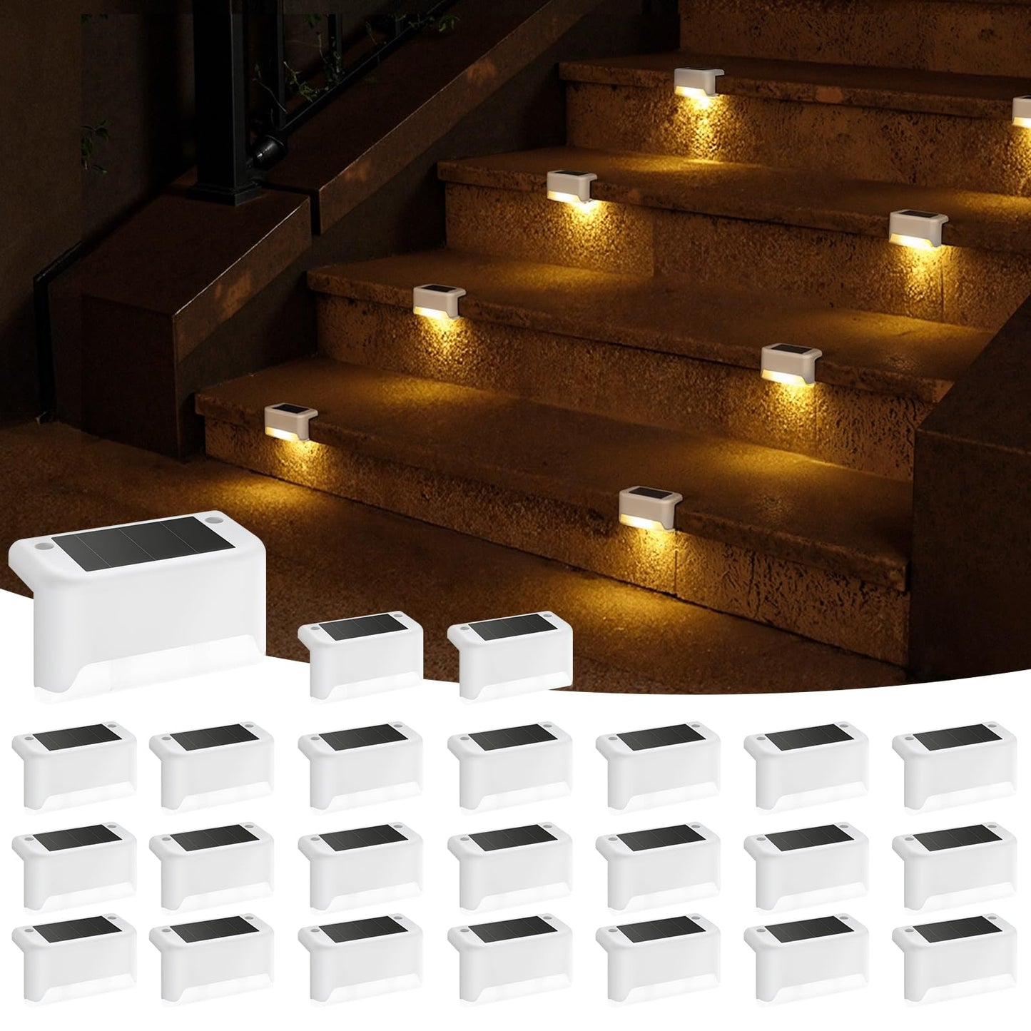 APONUO Solar Deck Lights, 24 Pcs Waterproof LED Fence Lamps, Warm White, for Patio, Garden, Steps, Model 18345BDR-W-24PK