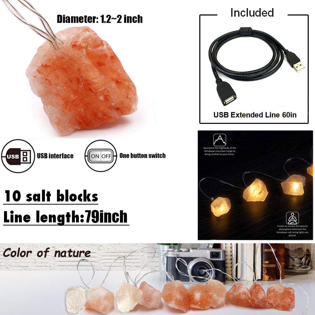 MINGRI Himalayan Salt String Light, USB Fairy Lights Night Lamp, Natural Hand Carved, Pink, Model HSLS