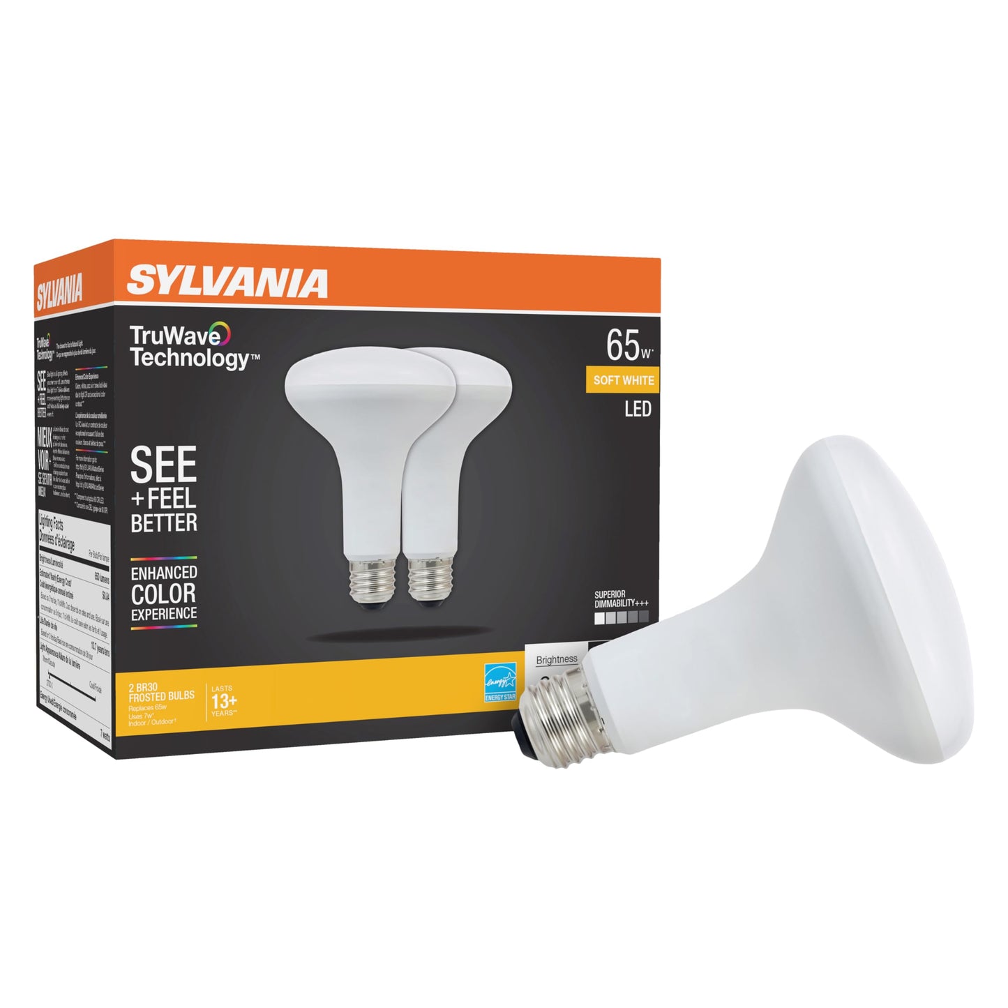 LEDVANCE SYLVANIA BR30 LED Light Bulb, Dimmable 7W, 650 Lumens, Soft White, 2 Pack, Model 40728