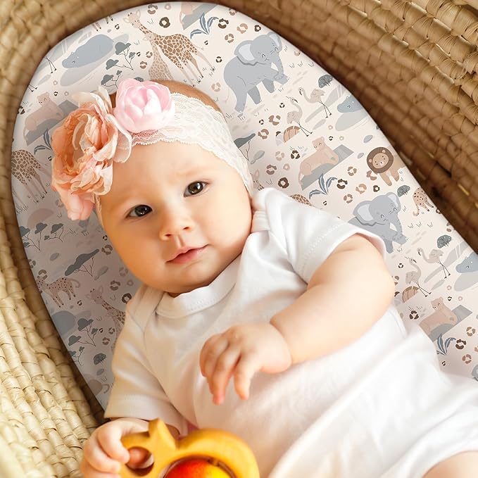 Baby Bassinet Sheets Girl Boy, Fitted Bassinet Sheet Set 3 Pack Bassinet Mattress Sheets Universal Fit for Rectangle, Round, Oval, Hourglass Mattress, Soft Breathable Elephant