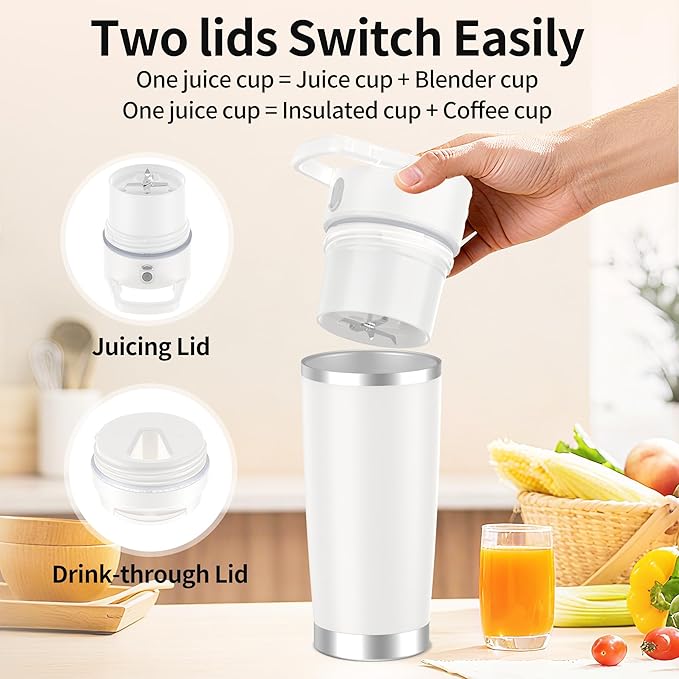 Portable Blender for Smoothies&Shakes 24oz Insulated Cup Cordless, Personal Small Licuadora Portatil With Stainless Steel Bottle, USB-C Rechargeable Travel Blender, BPA Free, for Juicing(White)