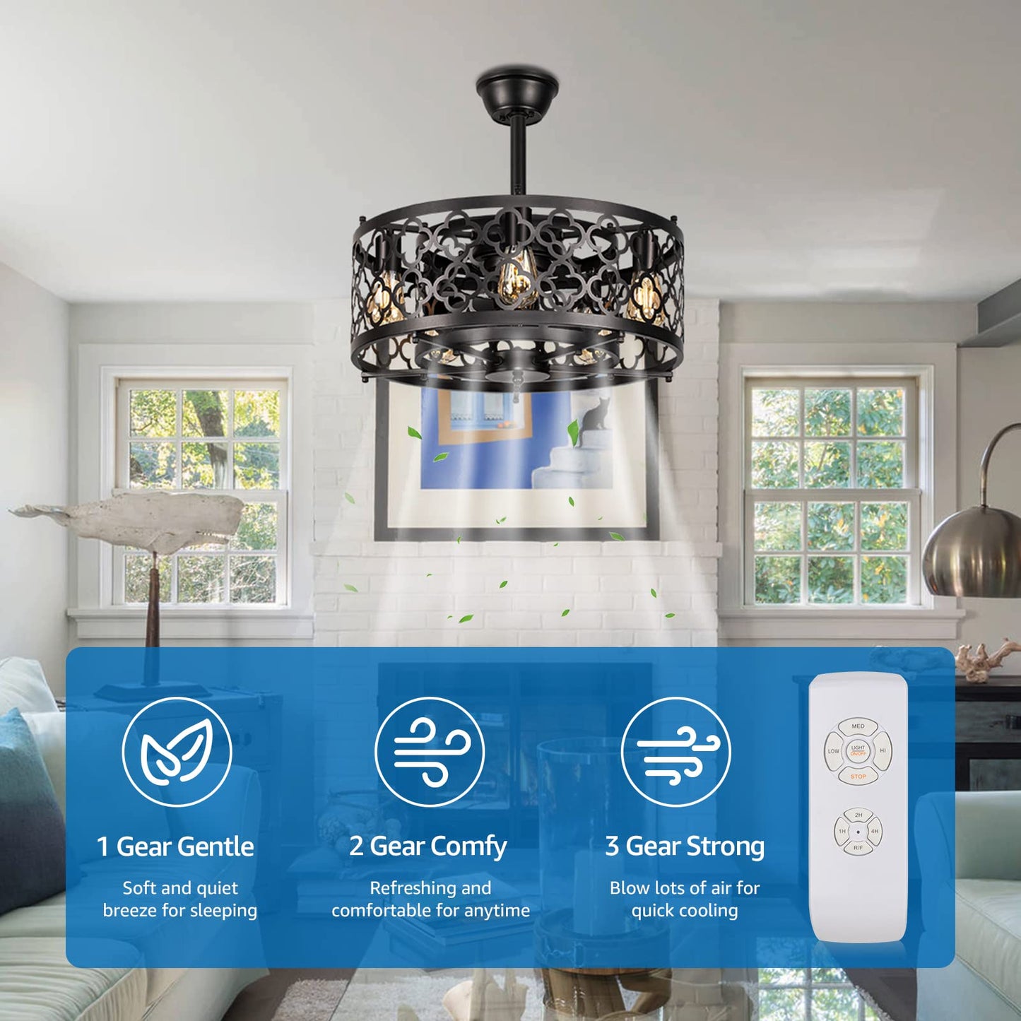 Sunvie Caged Ceiling Fan With Lights Remote Control 21In Industrial Bladeless Enclosed Ceiling Fan Light With Reversible Motor F