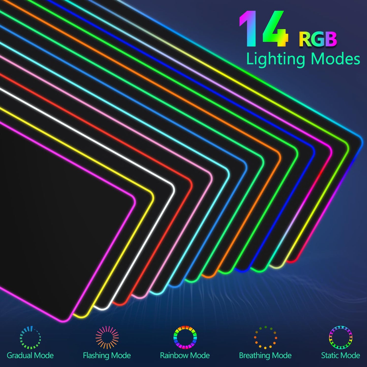 YQE RGB Gaming Mouse Pad: 35.4"x15.7" Desk Mat for Keyboard and Mouse, LED Game Mousepad with 14 Colors Light Modes, Non-Slip Desk Pad Matt Protector+Coasters-for Home, Office, Desktop-Black