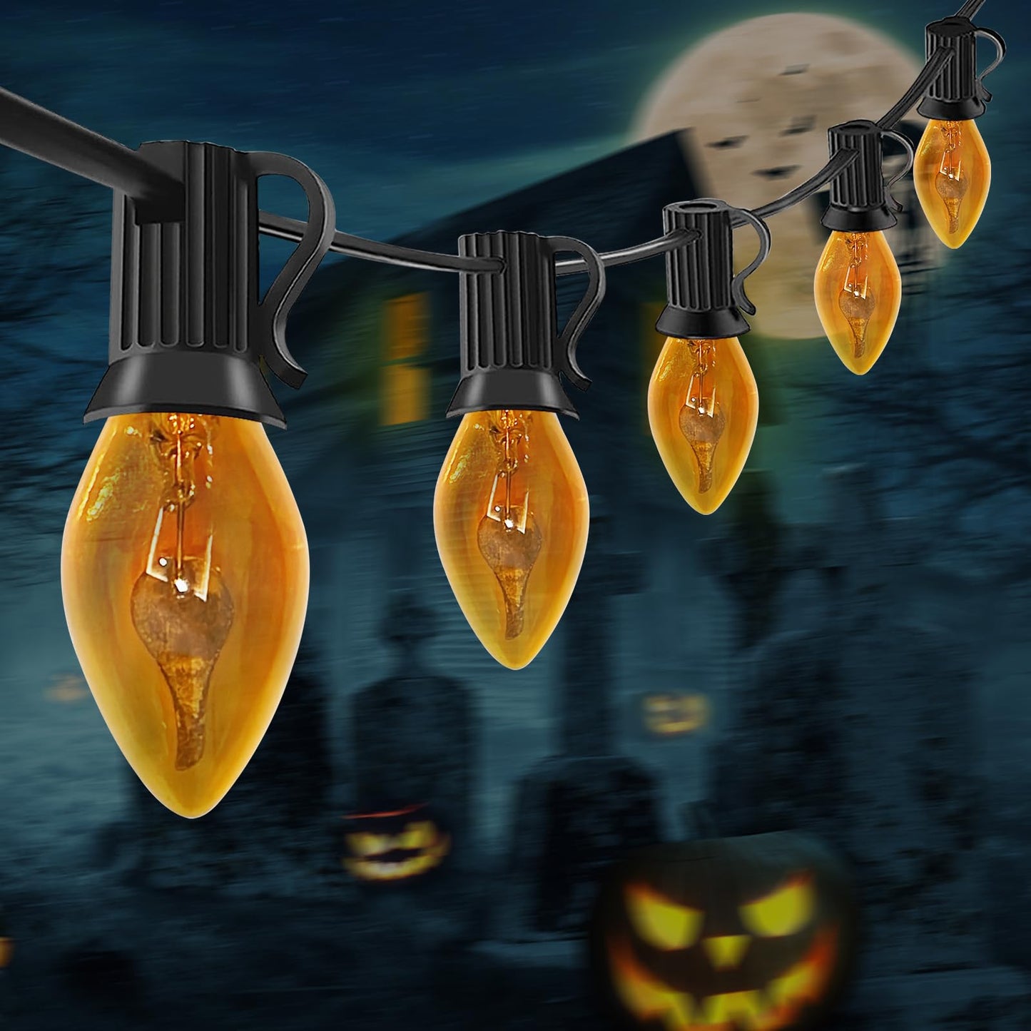 Abeja Orange Halloween Lights  25Ft Orange Flickering Lights String With 27 Flame Incandescent Blubs  Halloween Waterproof Flicker Lights For Spooky Thanksgiving Party Decor