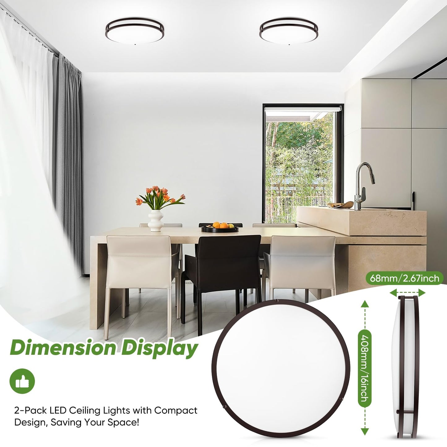 TOBUSA LED Flush Mount Ceiling Lights, 50W, Dimmable, 16in, Oil-Rubbed Bronze, 5600lm, 5CCT, 2-Pack,
