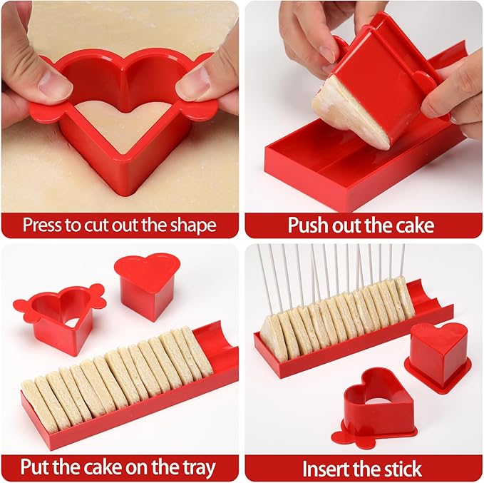 Heart Cake Pop Mold Set with 9 Inch Tray and Sticks, Circle Cake Pop Cutter and Pusher, Baking Molds Kit for Parties, Wedding,Home Desserts Making - Red