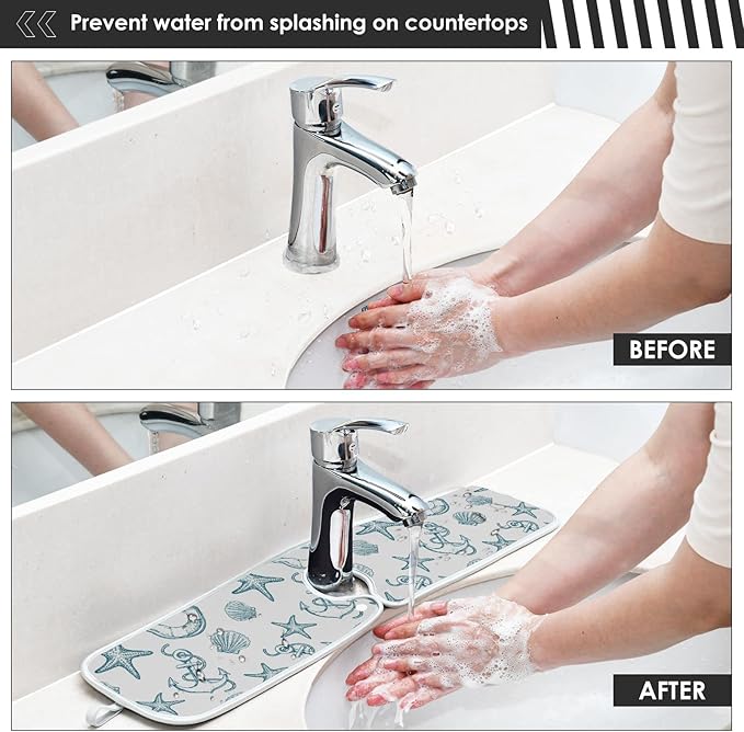 Coastal Starfish Shell Faucet Water Catcher Mat 2 Pack Seashell Ocean Nautical Theme Drying Mat Absorbent Bathroom Faucet Handle Drip Catcher Tray Bar RV Kitchen Sink Splash Guard 14x5 Inches