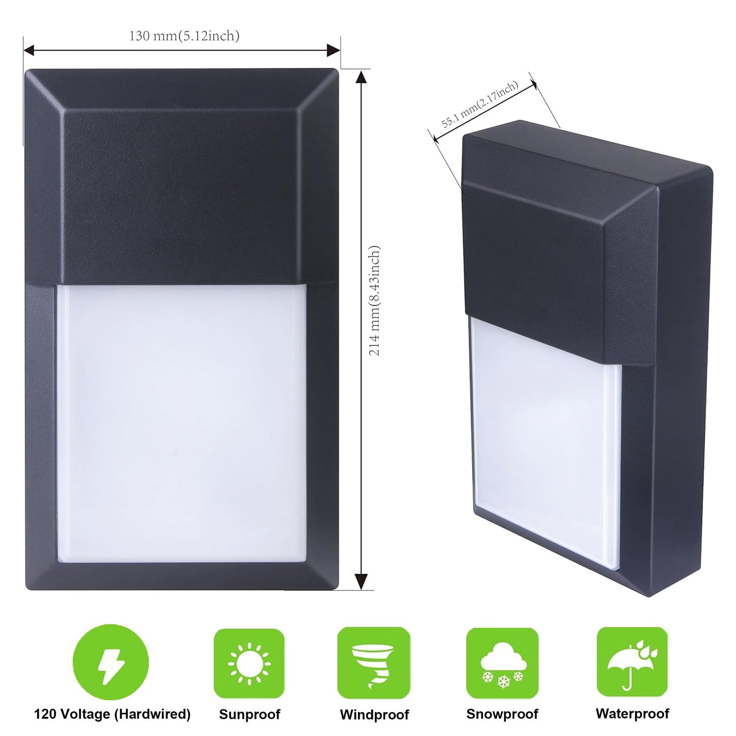 Lit-Path Outdoor Led Wall Lantern  Wall Sconce As Porch Lighting Fixture  12W 1000 Lumens  Aluminum Housing Plus Pc  5000K Black Finish  1-Pack