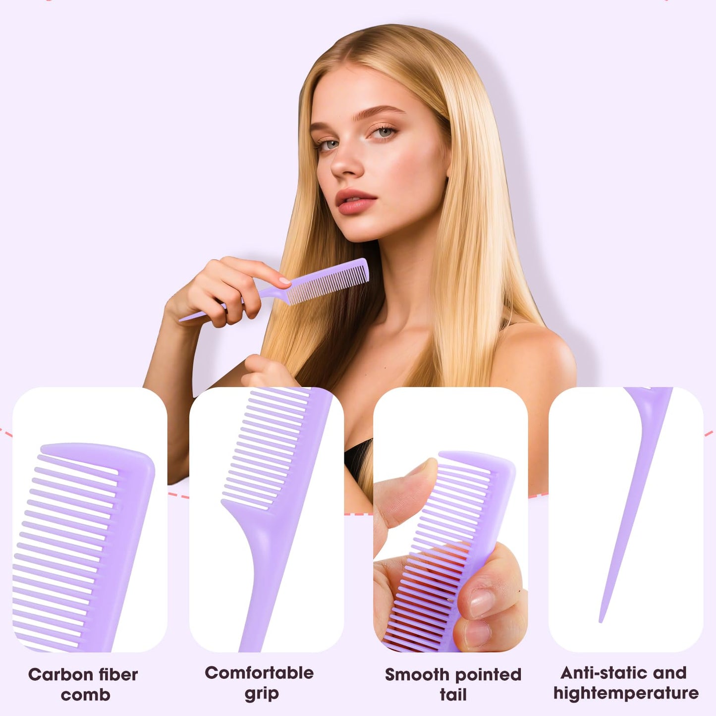 Rat Tail Comb Set-3Pcs Rat Tail Hair Teasing Fine Tooth Combs for Women Girls, Parting &Hair Styling Tools(Purple)