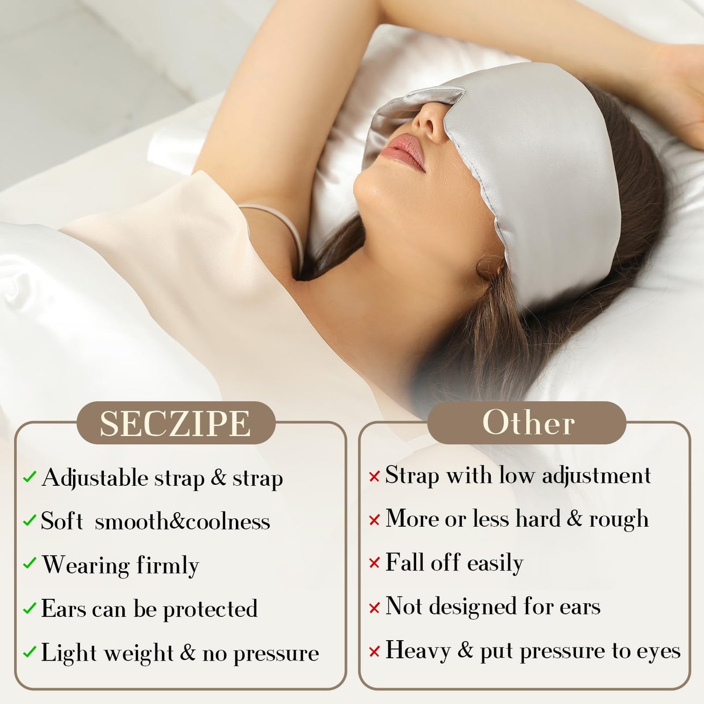 SECZIPE 100% Mulberry Silk Sleep Mask Eye Mask for Women Man with Adjustable Band, for Side Sleeper Blackout Sleep Mask for Travel Rest and Office (Gray)