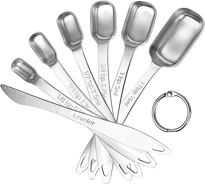 U-Taste Narrow Square Measuring Spoons: 18/8 Stainless Steel Kitchen Measure Teaspoon Tablespoon with Leveler, Polygon Rectangular Metal Jar Scoop for Baking Cooking, Coffee, Spice, Powder (Set of 7)