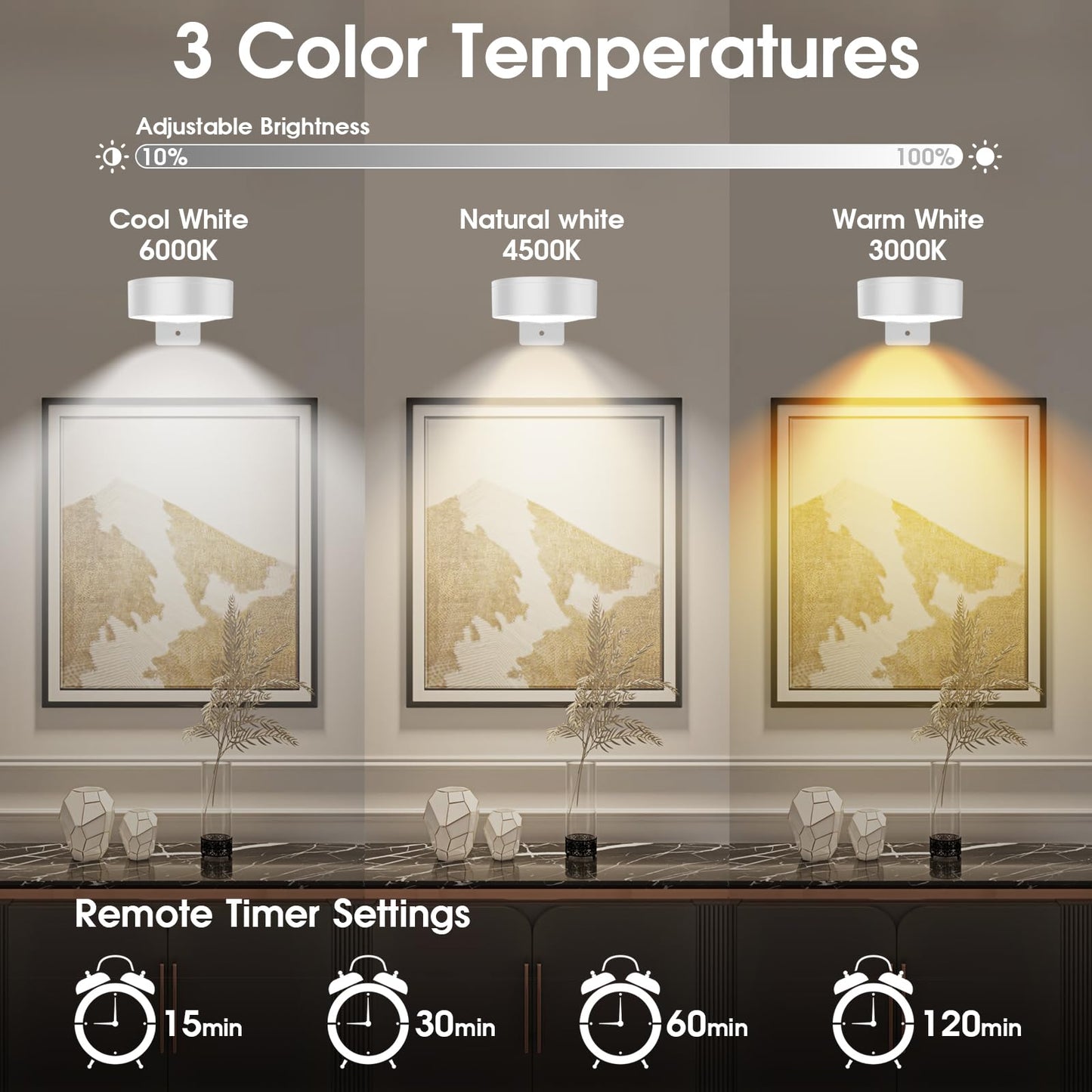SIXDEFLY Picture Lights, Battery Operated LED Art Display Light, 3 Modes, Remote Control, 3 Pack, White