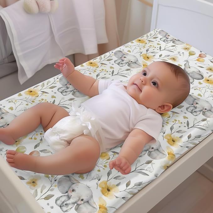 Soft 2 Pack Cartoon African Safari Animal Pattern Baby Changing Pad Covers for Infant Newborn, Unisex Elephant Flower Leaves Nursery Fitted Diaper Changing Table Pad Mat Sheets for Boys Girls-16x32