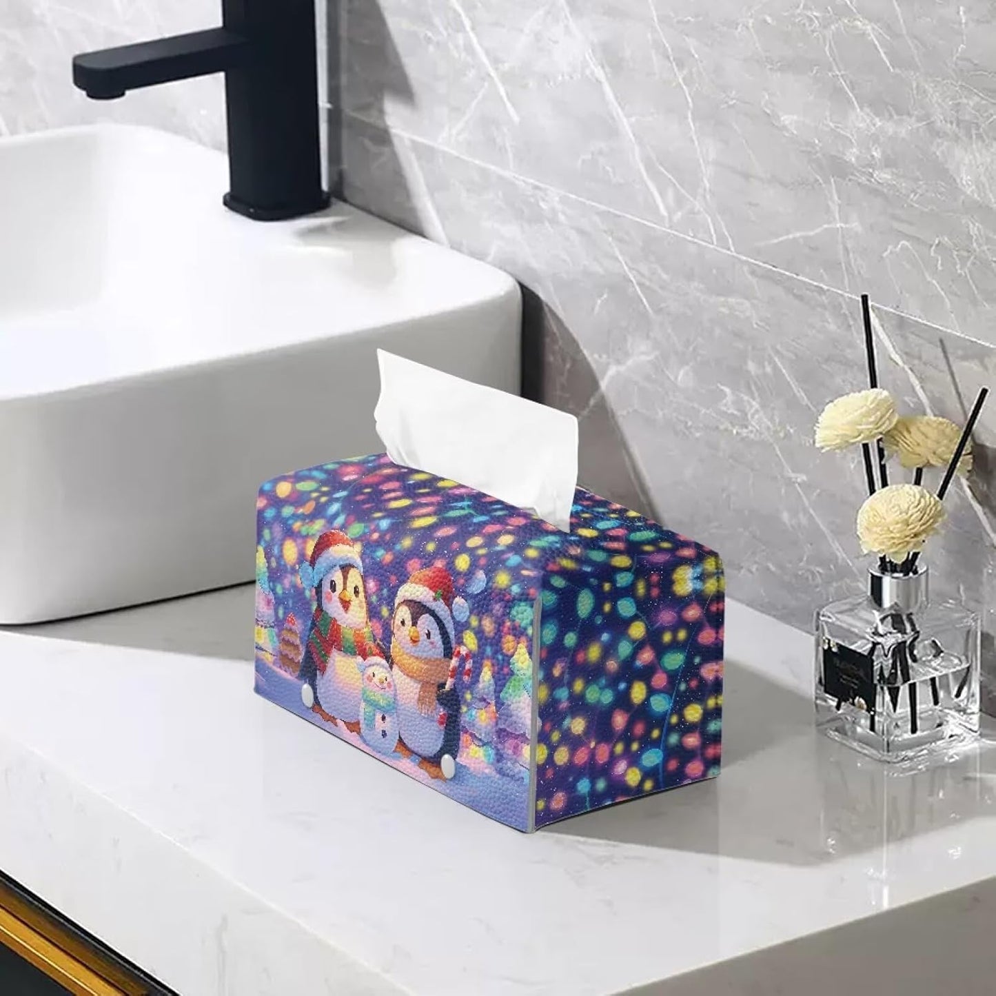 Christmas Tissue Box Cover Cute Snowman & Penguin Facial Tissue Holder Xmas Home Decor Napkin Dispenser Holder with Bottom Belt Christmas Celebration Accessories