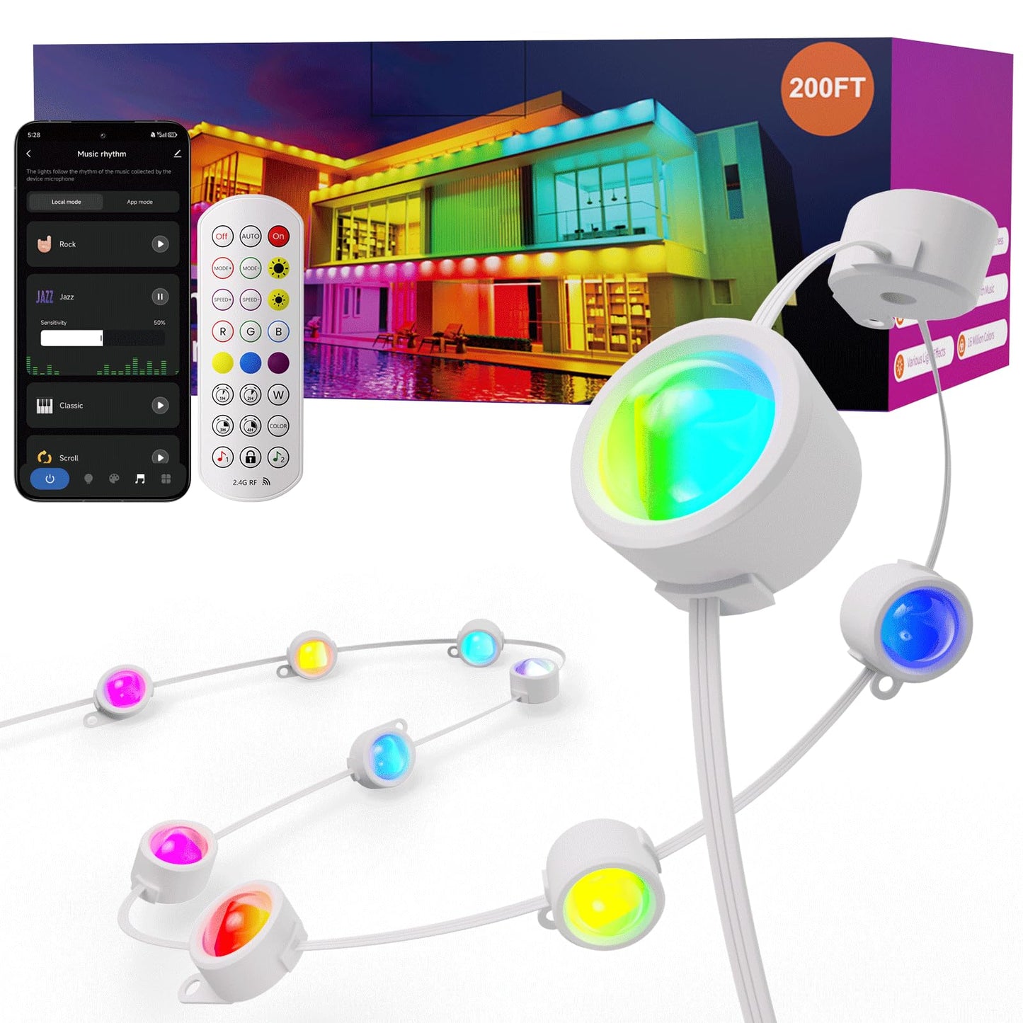 Fitop RGB Smart LED Eaves Lights, 200FT, IP67 Waterproof, Multicolor, Model C5109, App/Remote Control, Music Sync