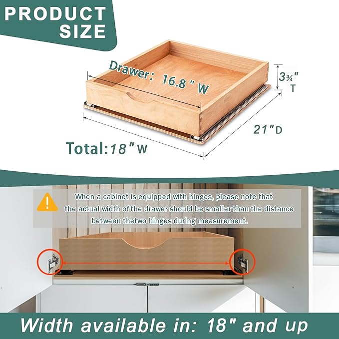 Fully Assembled Pull Out Cabinet Drawer, Wood Pull Out Cabinet Organizer, Soft Close Slide Out Pull Out Drawers for Kitchen Cabinets, Fast and Easy DIY Installation, 18”W x 21”D