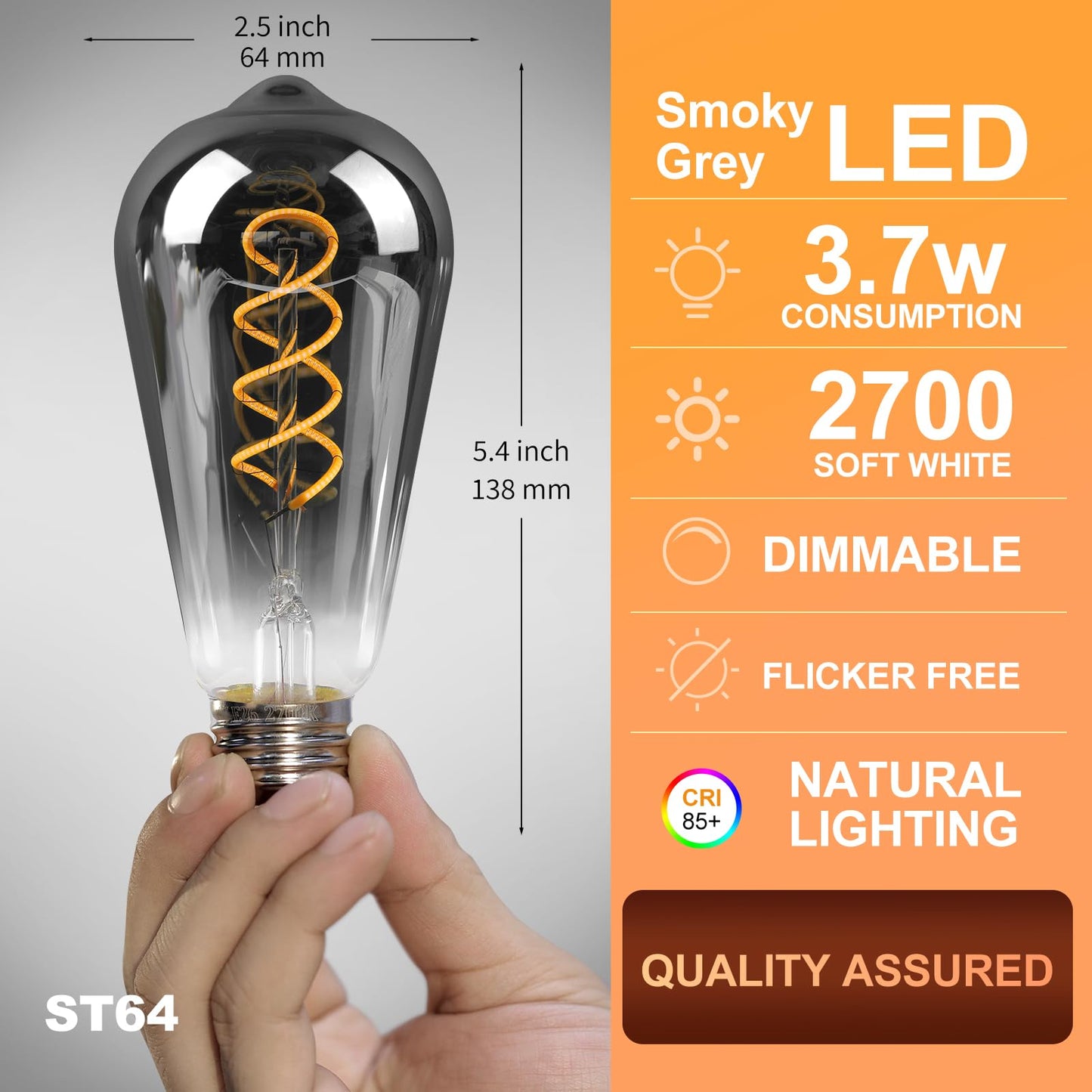 Decoaui E26 St64 Vintage Edison Light Bulbs  Smoky Grey Coated Glass  Dimmable  4W(20W Equivalent) 200 Lumin  2700K Soft White  Spiral Filaments Design  Antique Style  25000 Hrs  3-Pack