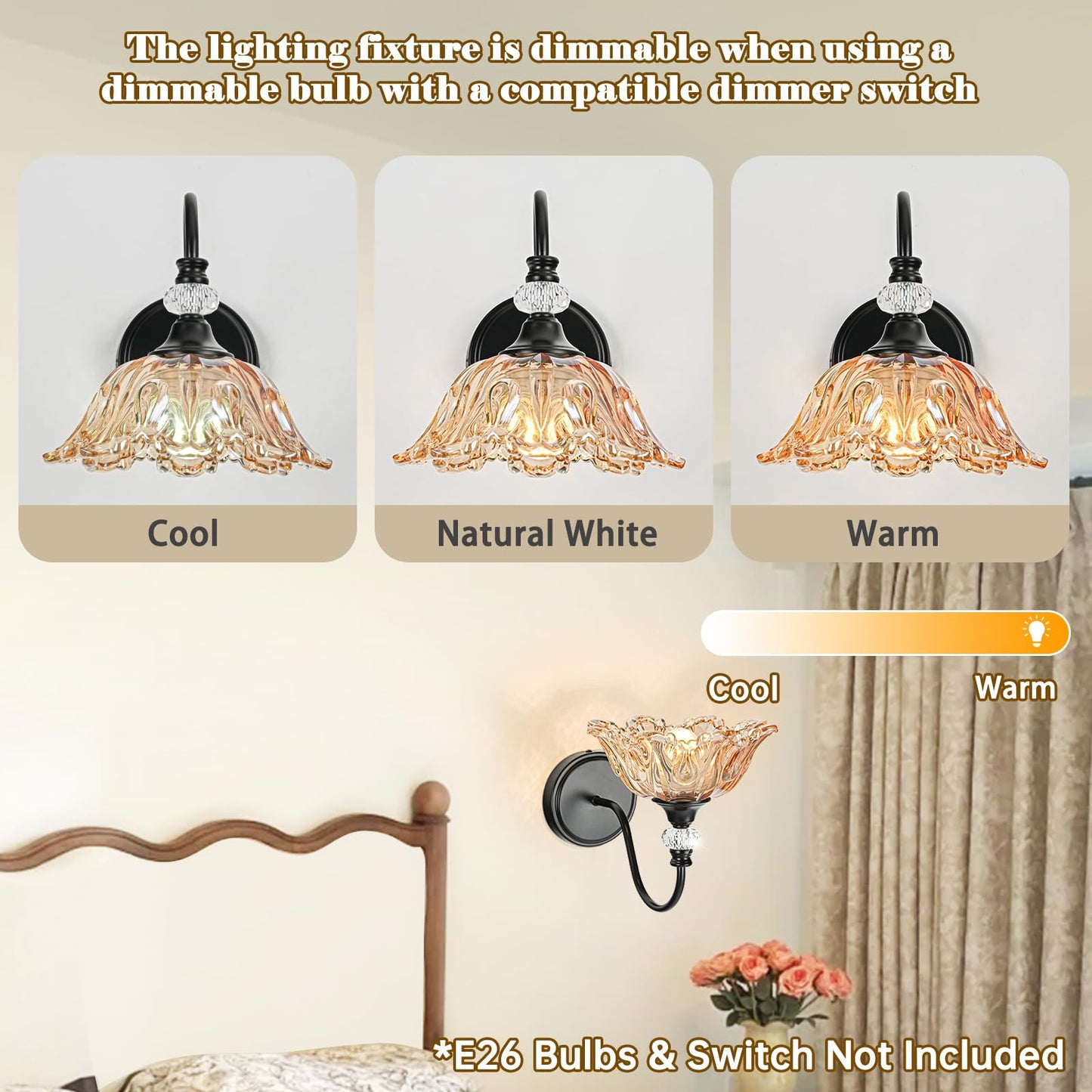 Sunkryster Black Wall Sconces With Floral Amber Glass Shades  Black Farmhouse Wall Mount Lighting For Bathroom Vintage Bathroom Vanity Light Fixtures
