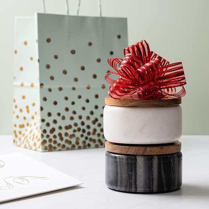Cork & Mill Marble Salt and Pepper Bowls - Set of 2 Handcrafted White/Grey Solid Marble Salt and Pepper Cellars with Lids and Spoons - Elegant Containers for Countertop or Table