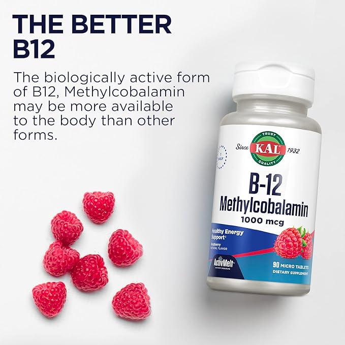 KAL Vitamin B12 Methylcobalamin 1000mcg, Healthy Energy, Metabolism, Nerve & Red Blood Cell Support,* Fast Dissolve ActivMelt, Optimal Absorption, Natural Raspberry Flavor, 90 Servings, 90 Micro Tabs