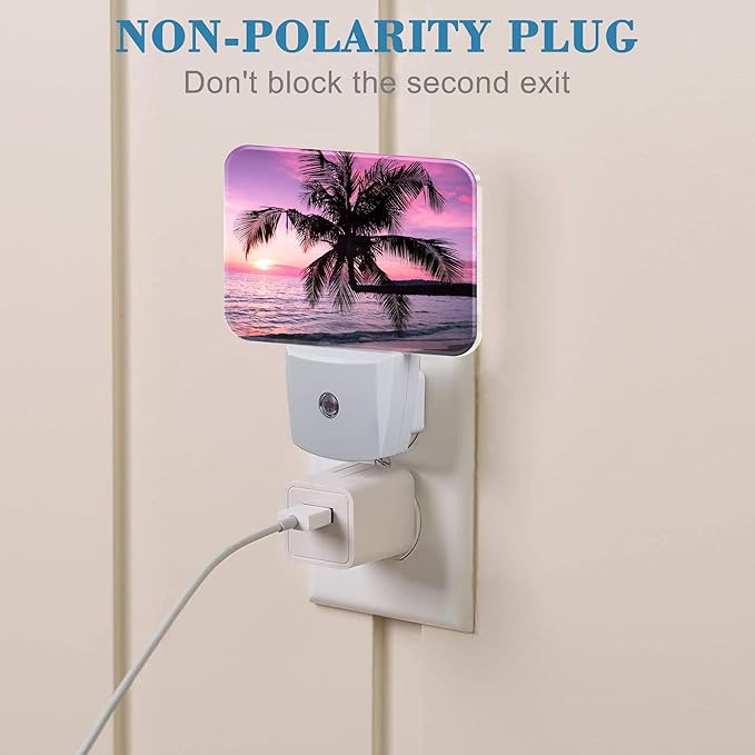 Beautiful Purple Pink Sunset Night Light Tropical Palm Tree Nightlight Plug into Wall with Dusk to Dawn Sensor for Kid Girls Boys Women Men Room, Hallway, Kitchen, Bathroom, Stairs Decor