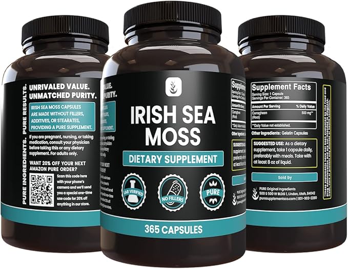 PURE ORIGINAL INGREDIENTS Irish Sea Moss (365 Capsules) Always Pure, No Additives Or Fillers, Lab Verified