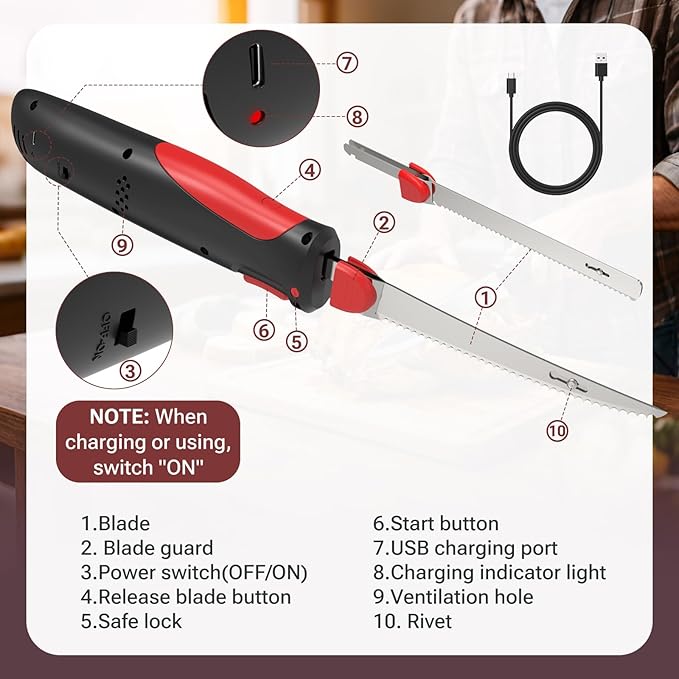 VLOXO Electric Knife for Meat Slicing, Rechargeable Electric Carving Knife with 2 Stainless Steel Blades Safety Lock Ergonomic Handle Cordless electric knives for Fish Fillet Steak Bread Turkey