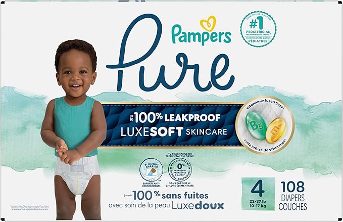 Pampers Pure Protection Baby Diapers, Size 4 (22-37 lbs), 108 Count, Up to 100% Leakproof, Premium Plant-Based Skin Protection, Hypoallergenic Soft Diapers