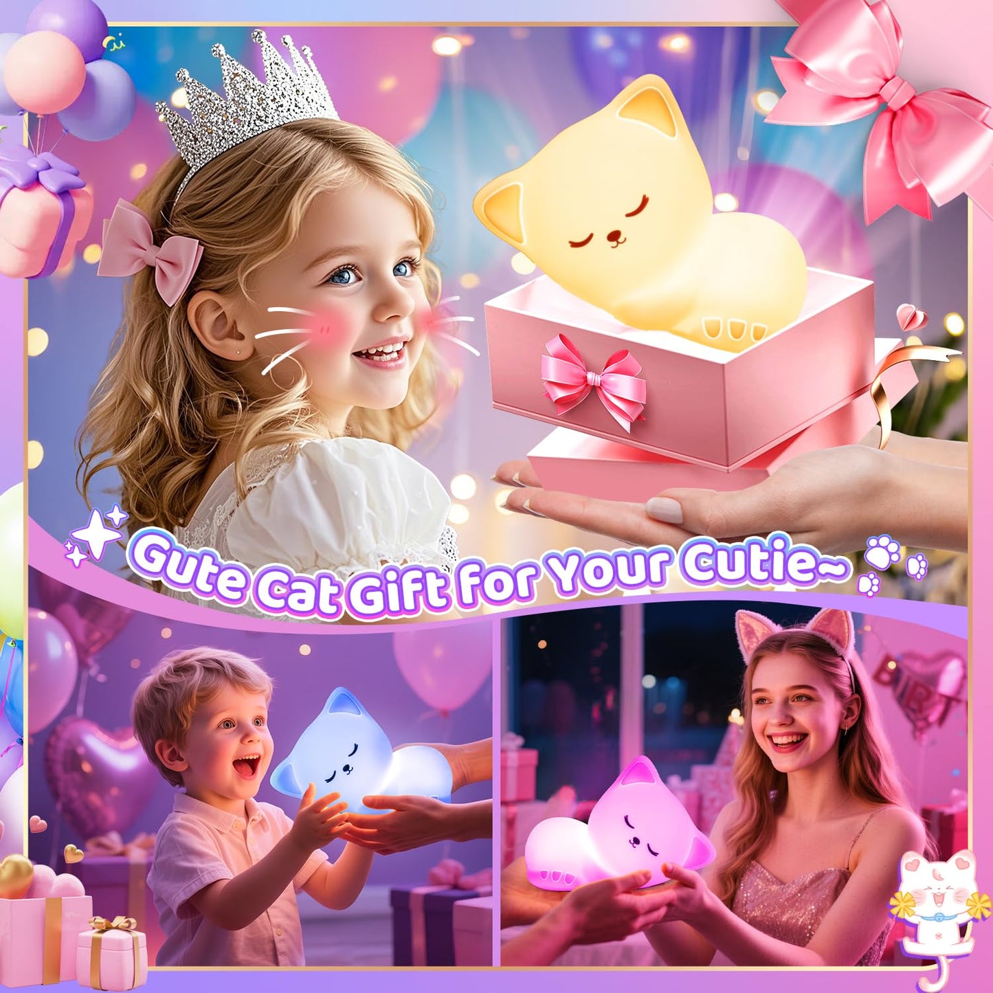 Mubarek Night Light Cat Lamp, Dimmable Silicone Nightlight, 16 Colors, Rechargeable, Kids Room Decor, Cat Basic
