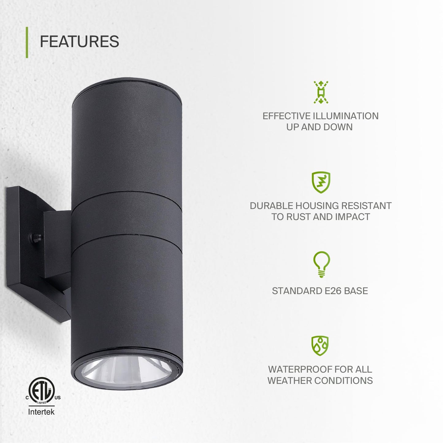 Asd 2 Light Outdoor Wall Light Fixture | 120W E26 Bulb Socket 120V Etl Cylinder Up Down Lights | Led/Cfl/Incandescent Bulb Exterior Wall Sconce | Front Door  Porch  Patio Lighting | Black  2 Pack