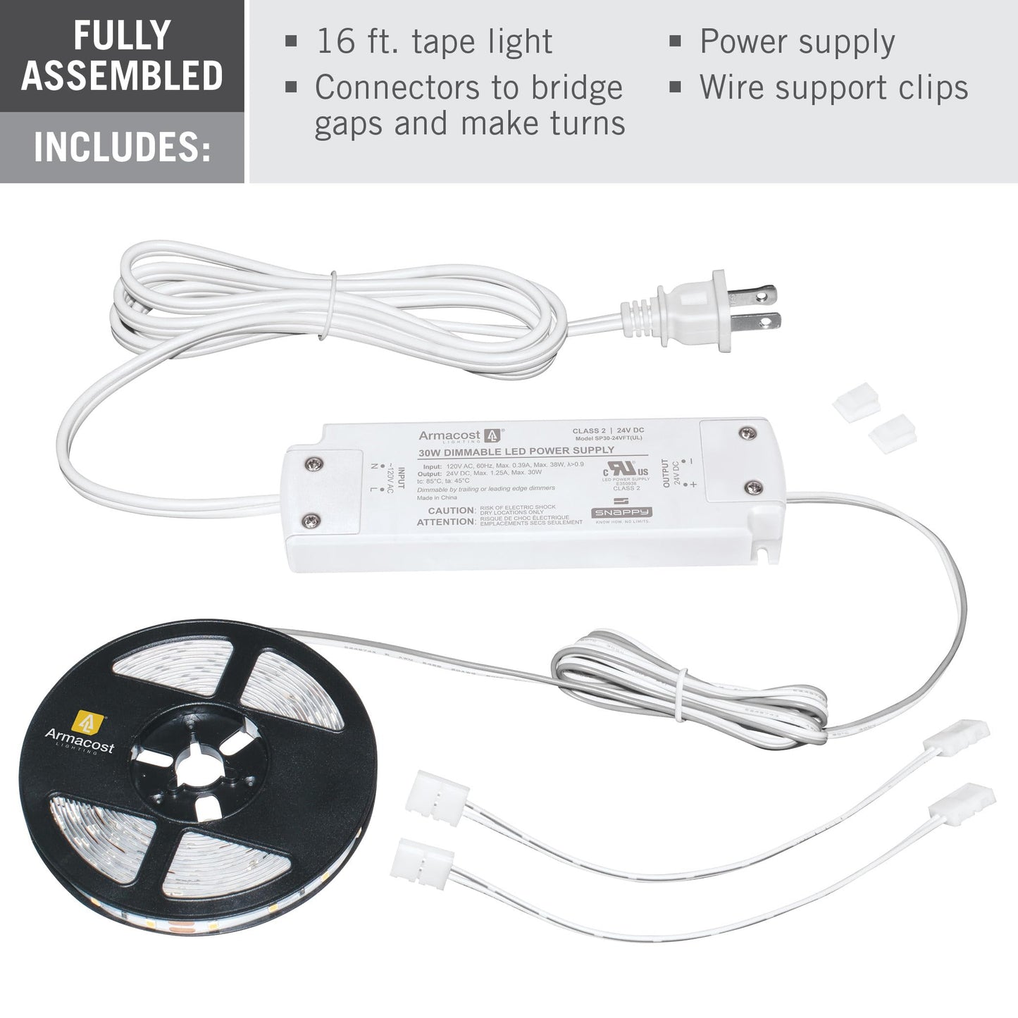 Armacost Lighting LED Tape Light Kit, AC Dimmable, 5M, 2700K Warm White, 16.4 ft, Plastic, Model 424502, White