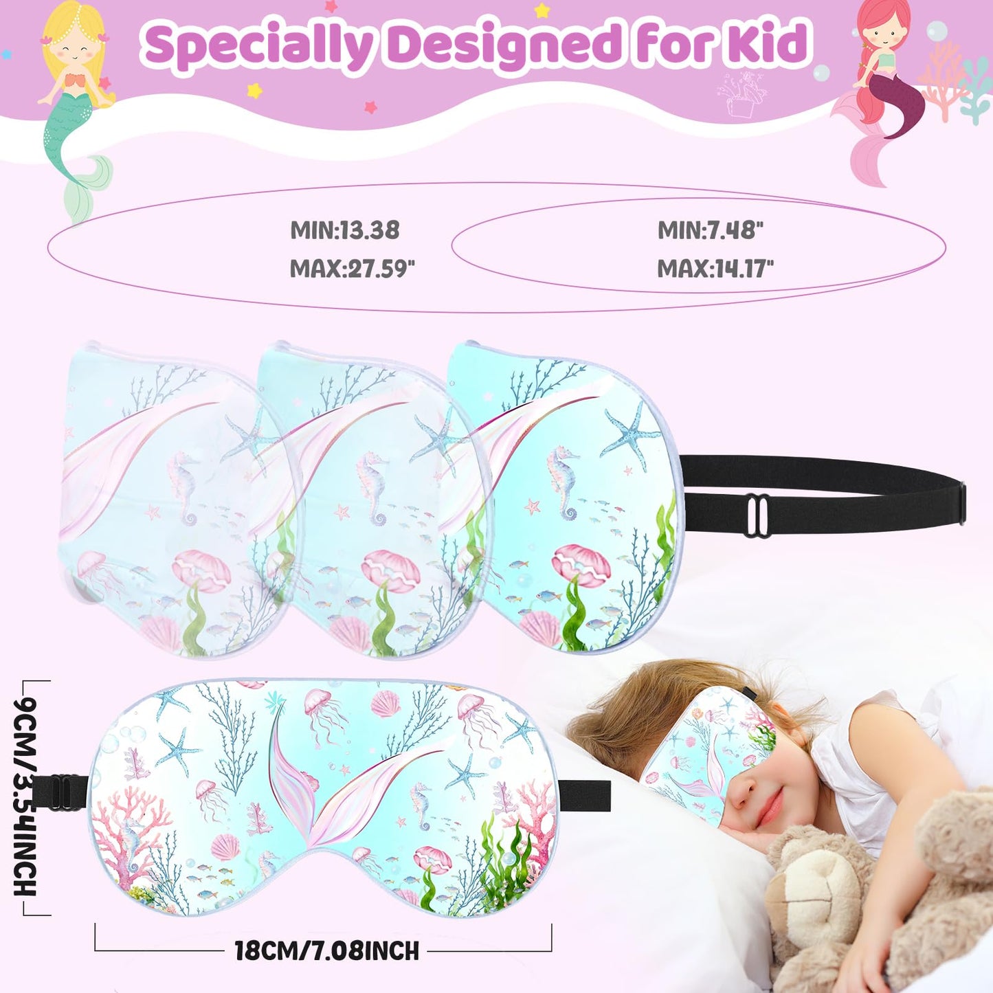 2 Pcs Sleep Mask for Kids Girls, Silk Eye Covers for Sleeping, Adjustable Strap & Light Blocking Design, Children's Bedtime Blindfold for Travel and Home Use (Mermaid)