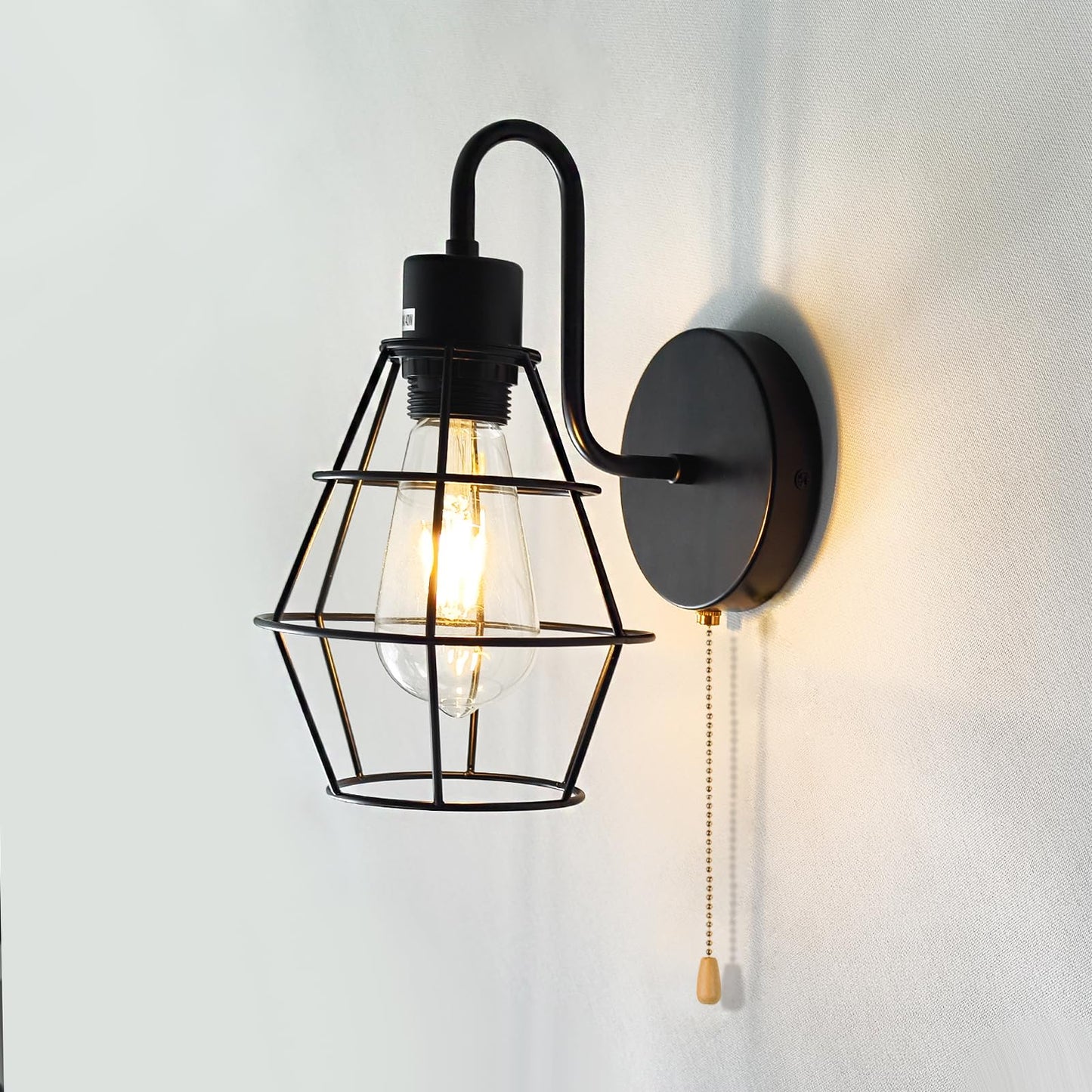 Dtiedy Wire Cage Wall Sconce With Pull Chain 2Pack  Hardwire Wall Lights With On Off Switch  Metal Wall Mount Light Fixture Indoor E26 Vintage Black Wall Lighting For Living Room  Bedroom