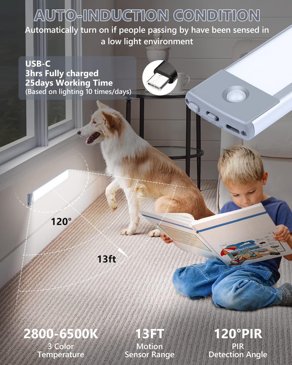 Priorare 35 Led Under Cabinet Lights - Wireless Motion Sensor, Usb-C Rechargeable, Dimmable, 3 Color Options, Model Dl035Dz113