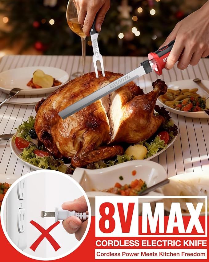8V Cordless Electric Knife Set, Rechargeable Electric Carving Knife with Reciprocating Stainless Steel Blades for Meat & Bread, Fork Included, Equipped with interchangeable 2000mAh Large Capacity Battery, Ergonomic Handle and Safety Lock for Turkey, Me...